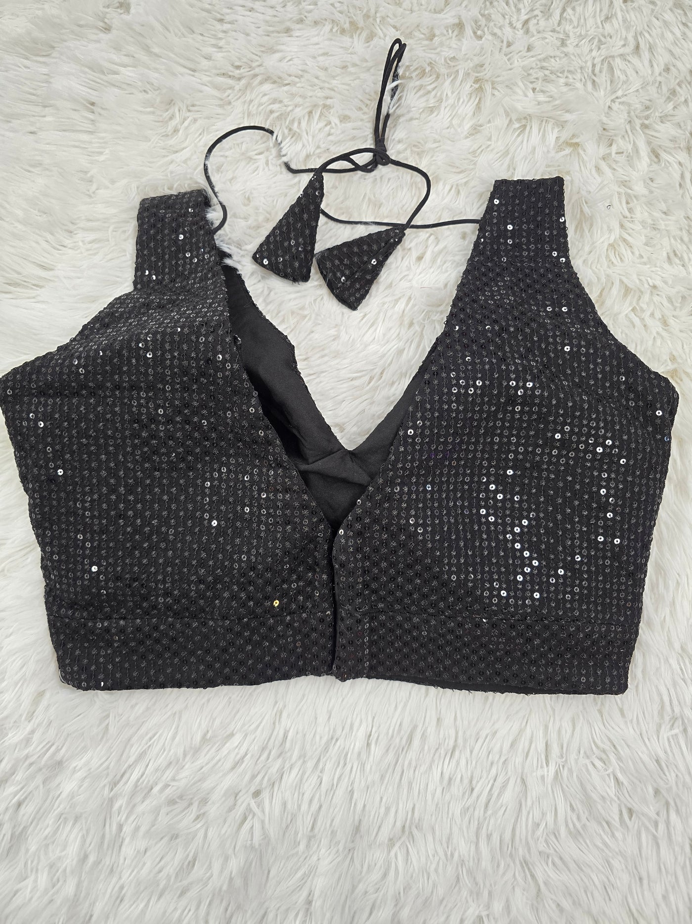 Black Sequin Embroidered Readymade Blouse – Deep V-Neck Back-Tie Partywear Blouse