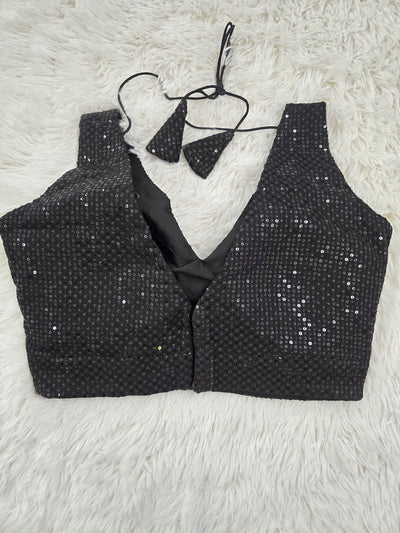 Black Sequin Embroidered Readymade Blouse – Deep V-Neck Back-Tie Partywear Blouse