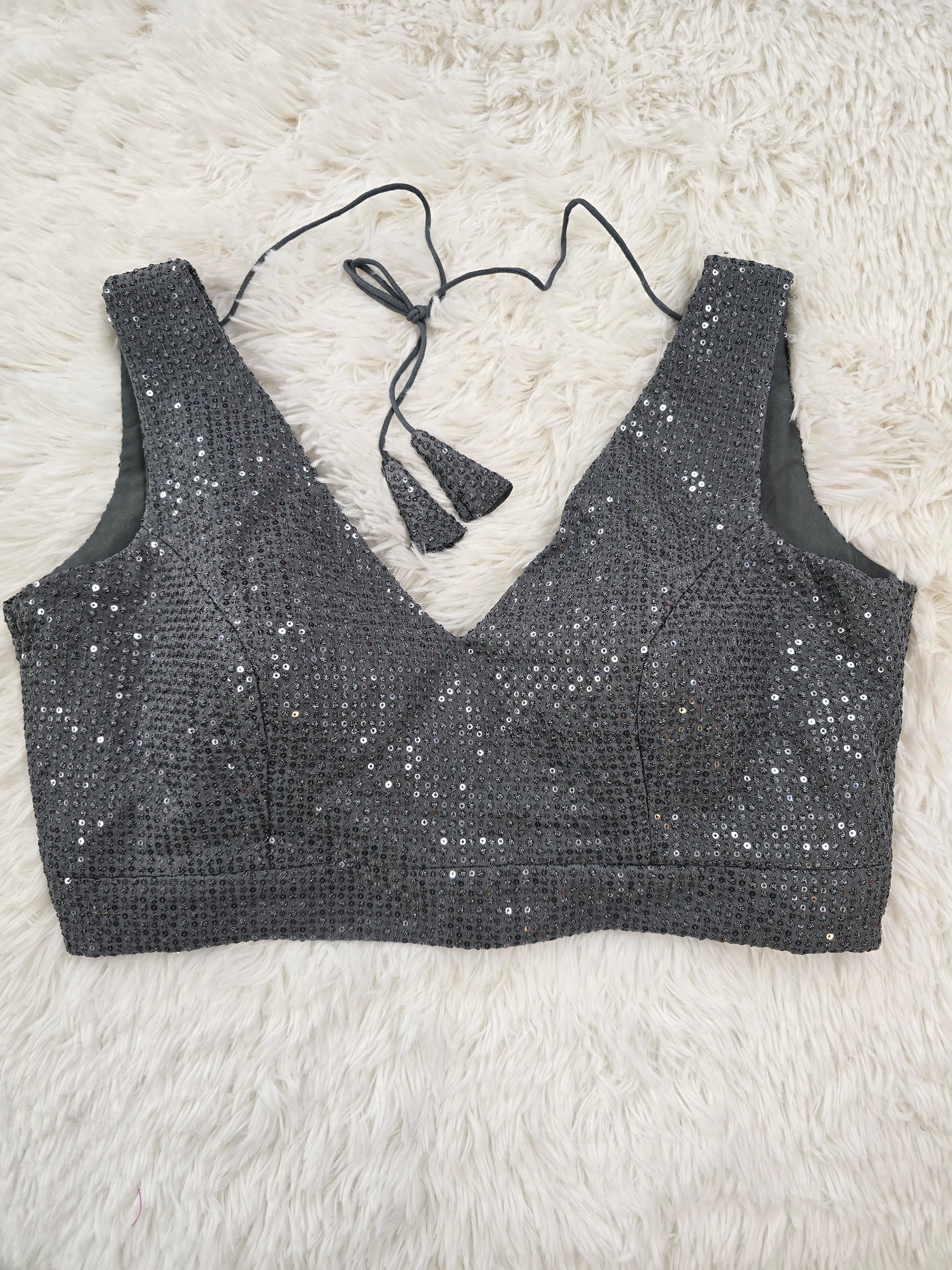 Grey Sequin Work Readymade Blouse – V-Neck Back-Tie Padded Blouse for Sarees