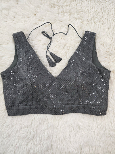 Grey Sequin Work Readymade Blouse – V-Neck Back-Tie Padded Blouse for Sarees