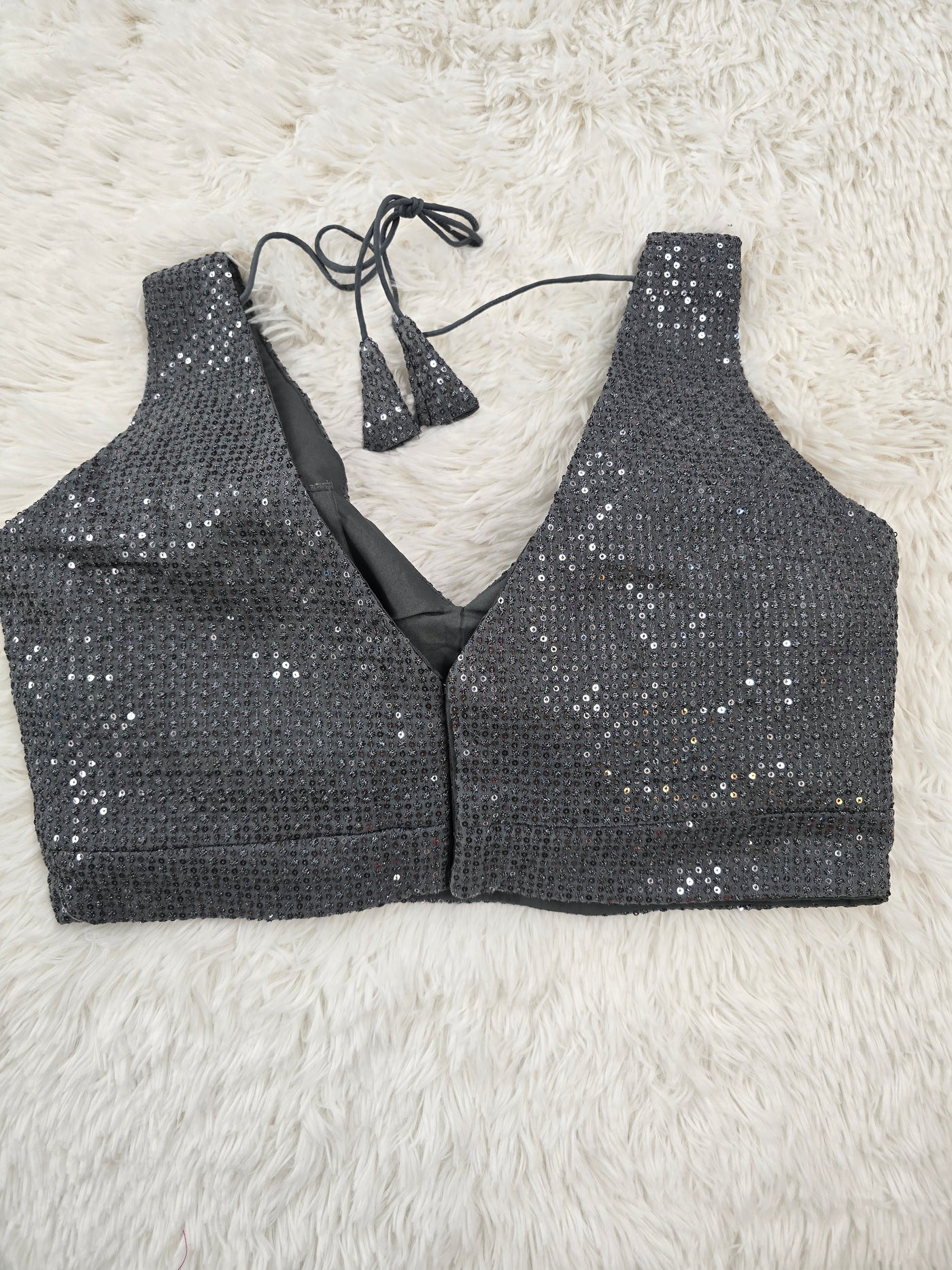 Grey Sequin Work Readymade Blouse – V-Neck Back-Tie Padded Blouse for Sarees
