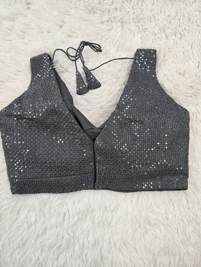 Grey Sequin Work Readymade Blouse – V-Neck Back-Tie Padded Blouse for Sarees