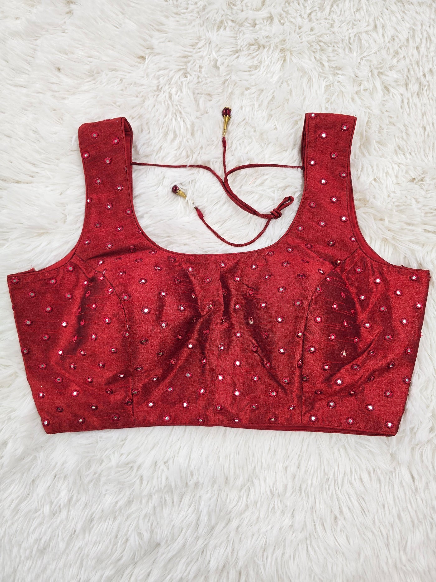 Red Mirror Work Readymade Blouse – Elegant Padded Designer Blouse with Back Open & Dori Tie-Up