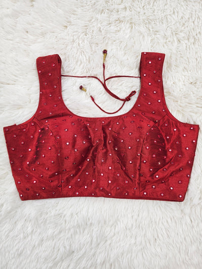 Red Mirror Work Readymade Blouse – Elegant Padded Designer Blouse with Back Open & Dori Tie-Up