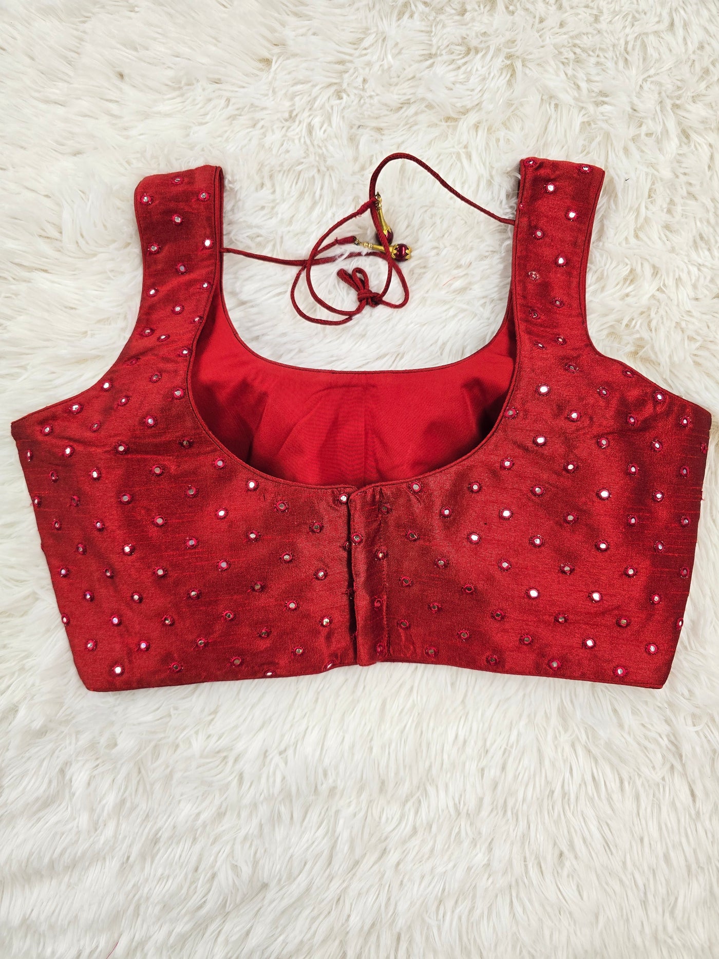 Red Mirror Work Readymade Blouse – Elegant Padded Designer Blouse with Back Open & Dori Tie-Up