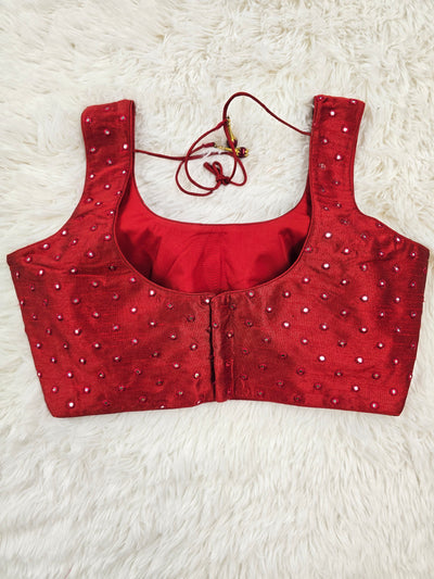Red Mirror Work Readymade Blouse – Elegant Padded Designer Blouse with Back Open & Dori Tie-Up