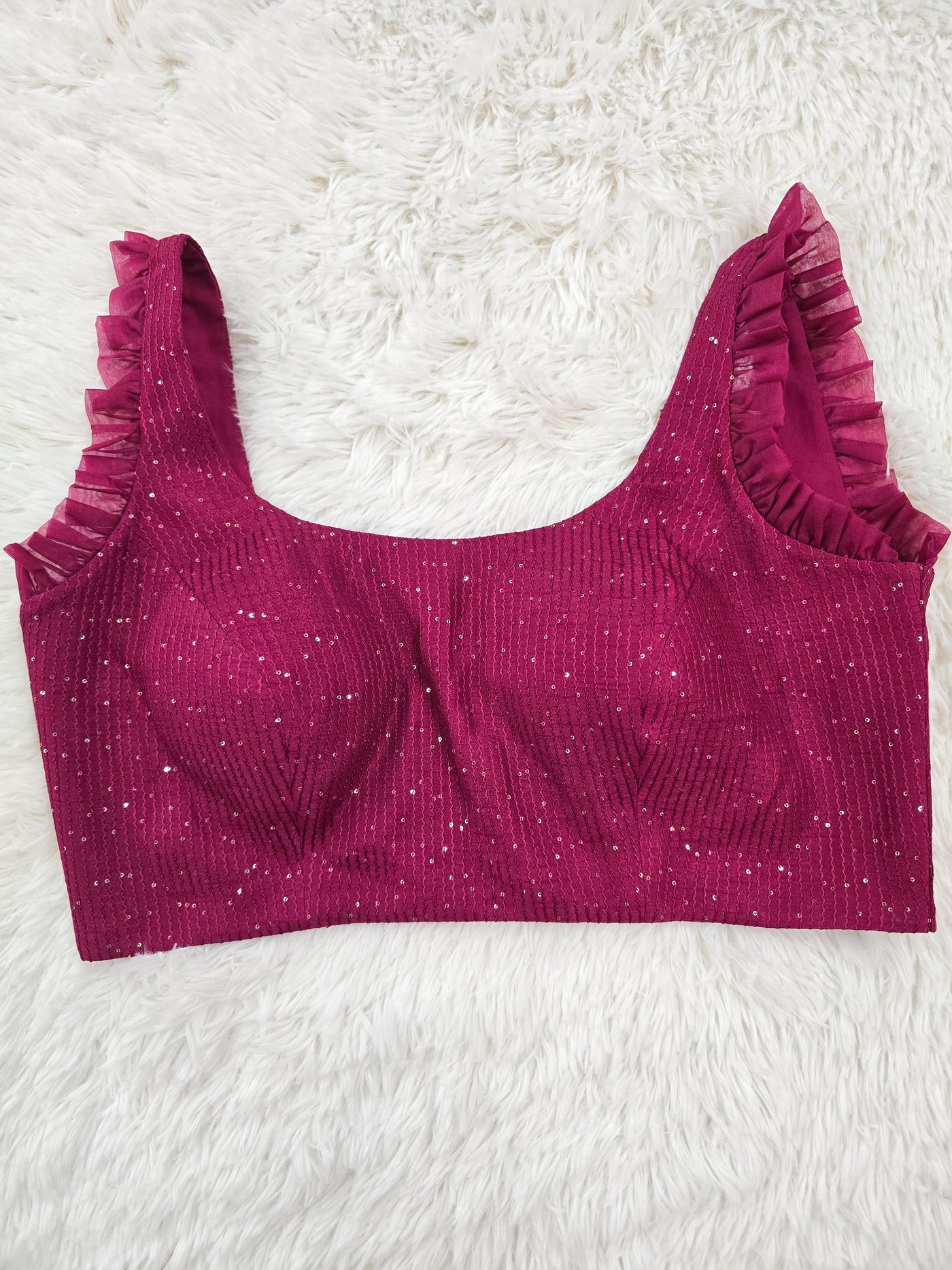 Magenta Sequin Readymade Blouse – Elegant Padded Back Open Designer Blouse with Ruffle Straps