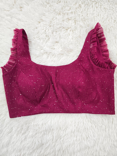 Magenta Sequin Readymade Blouse – Elegant Padded Back Open Designer Blouse with Ruffle Straps