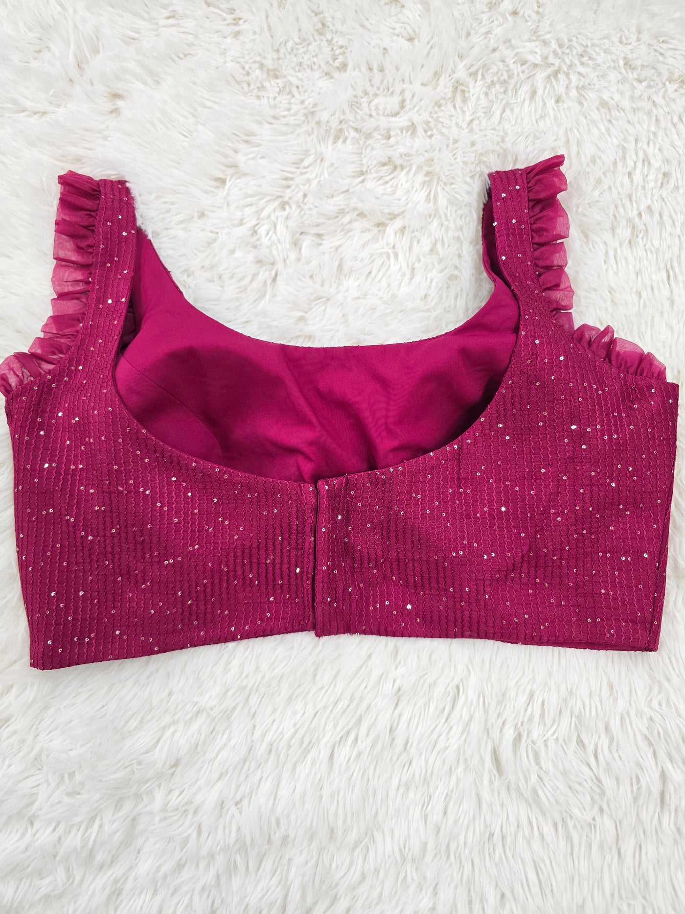 Magenta Sequin Readymade Blouse – Elegant Padded Back Open Designer Blouse with Ruffle Straps