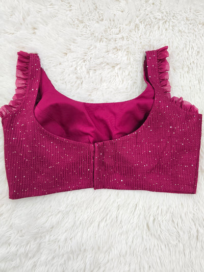 Magenta Sequin Readymade Blouse – Elegant Padded Back Open Designer Blouse with Ruffle Straps