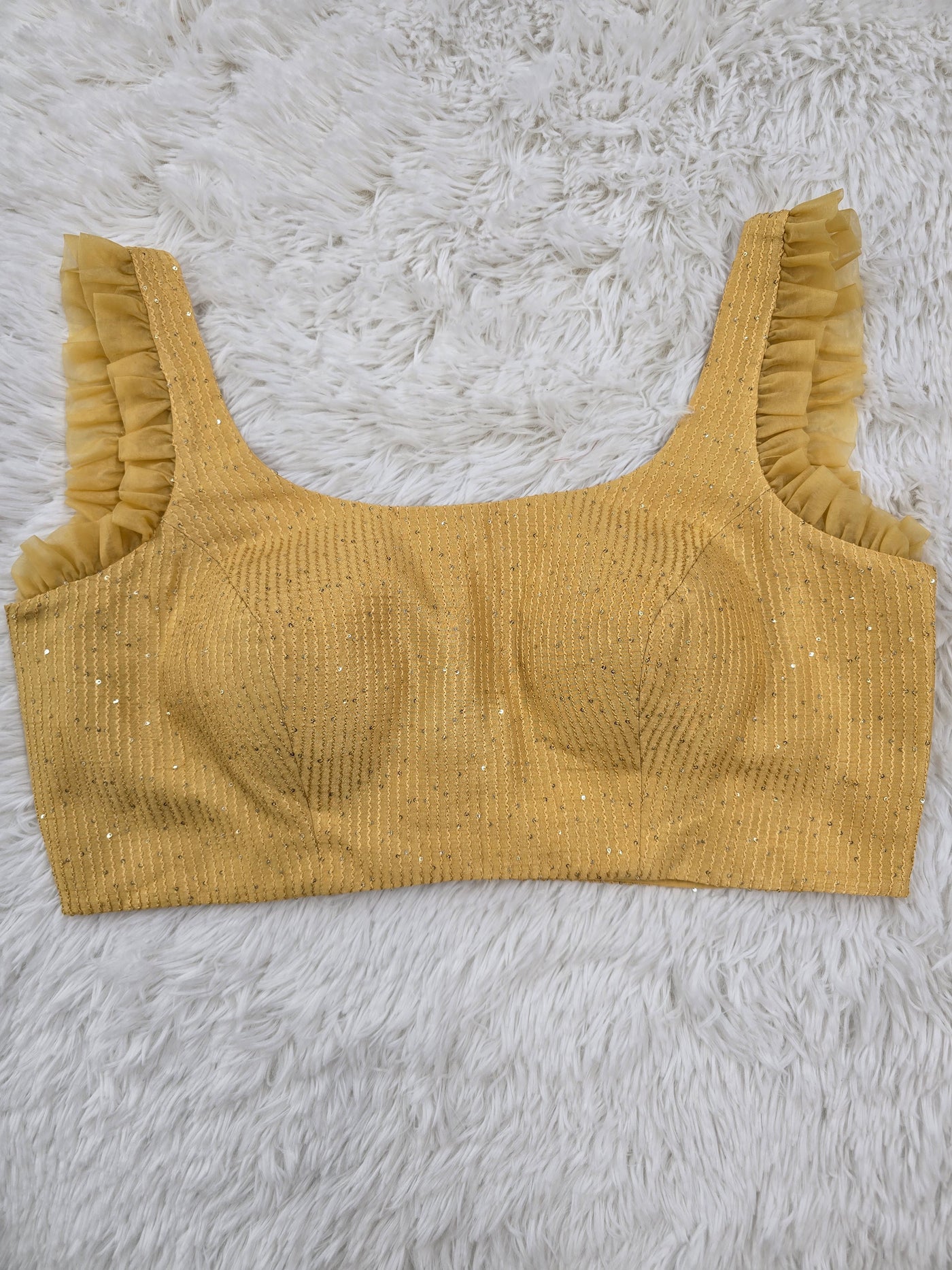 Mustard Yellow Sequin Readymade Blouse – Designer Padded Back Open Blouse with Sheer Ruffle Straps