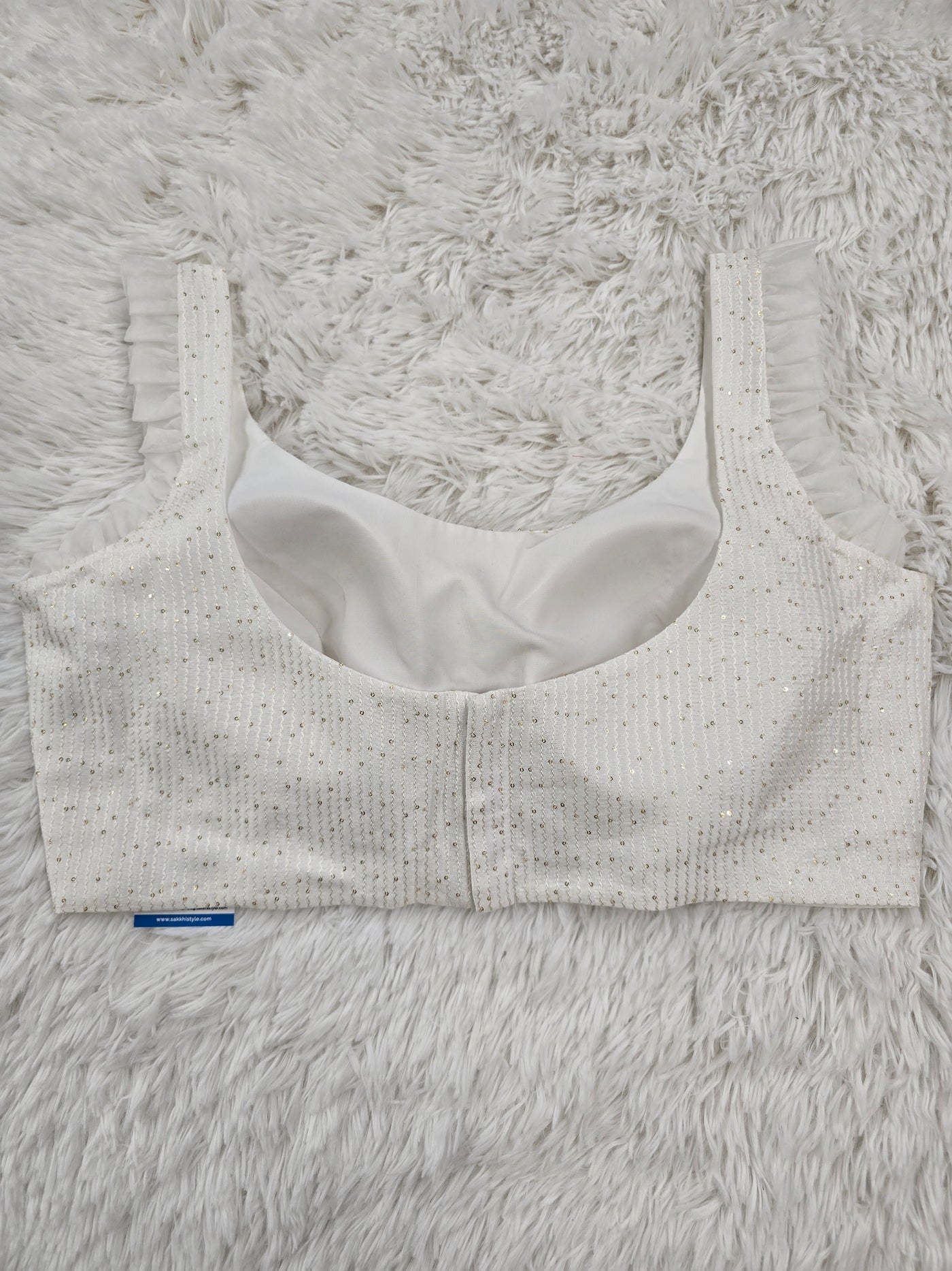 White Sequin Readymade Blouse – Elegant Padded Back Open Designer Blouse with Sheer Ruffle Straps