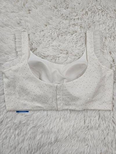 White Sequin Readymade Blouse – Elegant Padded Back Open Designer Blouse with Sheer Ruffle Straps