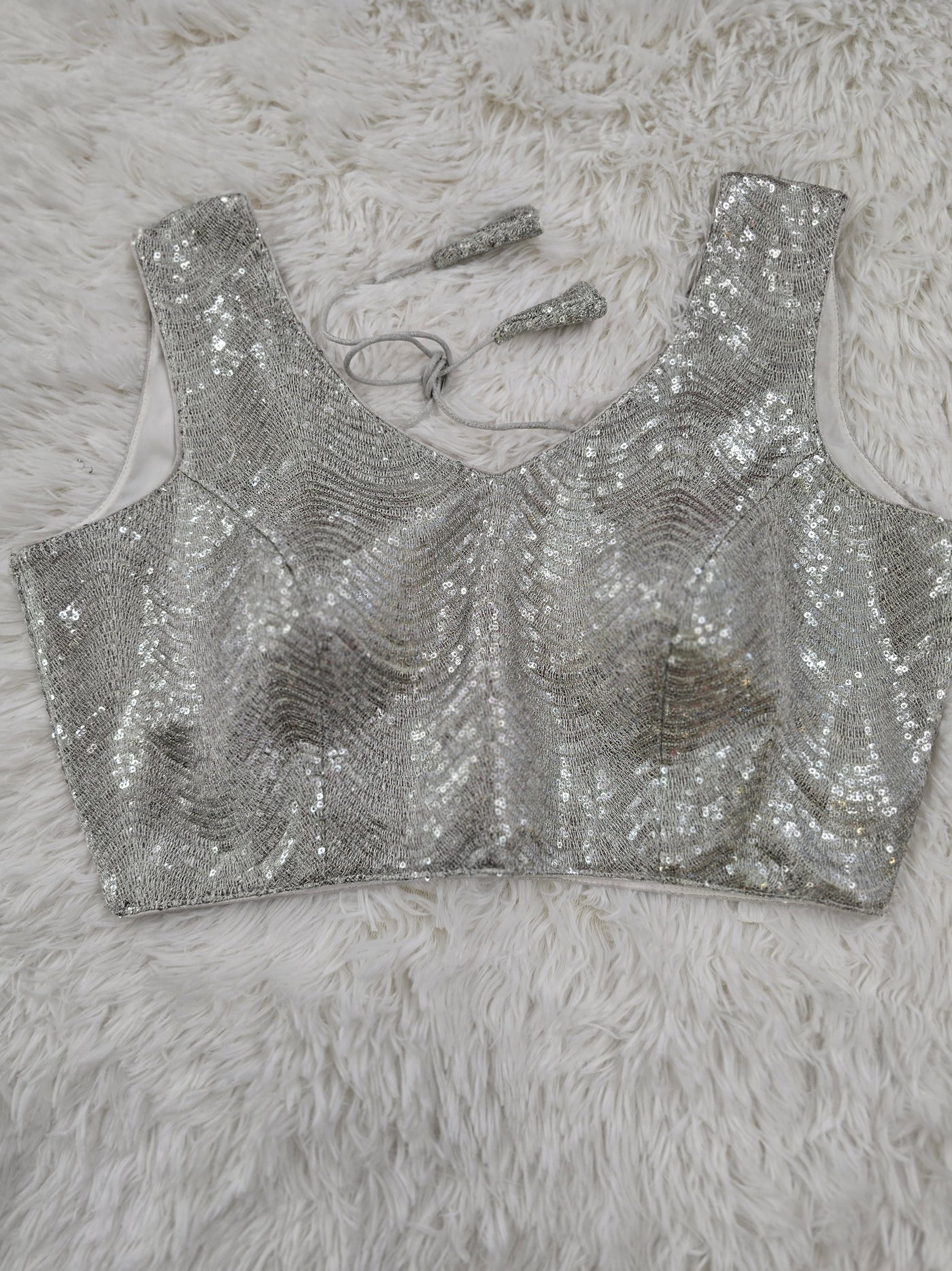 Silver Sequin Readymade Blouse – Shimmering Padded Designer Blouse with Tie-Back Tassels