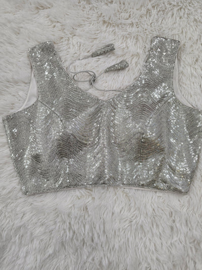 Silver Sequin Readymade Blouse – Shimmering Padded Designer Blouse with Tie-Back Tassels