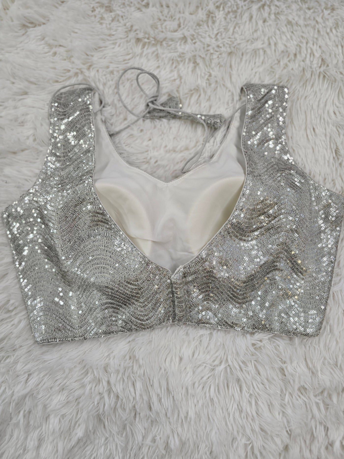 Silver Sequin Readymade Blouse – Shimmering Padded Designer Blouse with Tie-Back Tassels