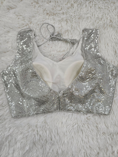 Silver Sequin Readymade Blouse – Shimmering Padded Designer Blouse with Tie-Back Tassels
