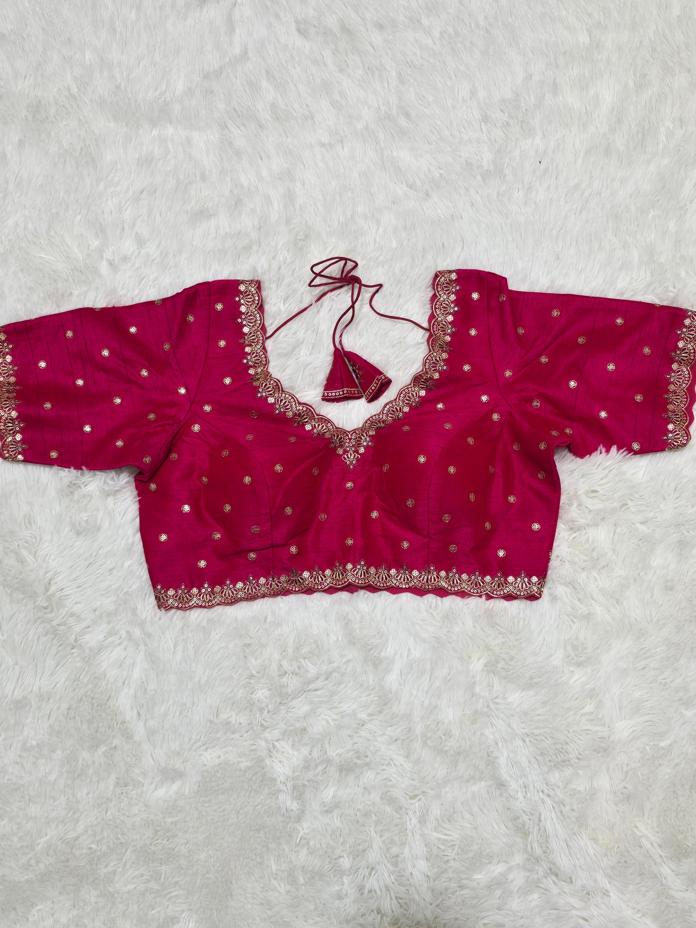 Rani Pink Embroidered Silk Readymade Blouse – V-Neck Design with Thread & Zari Work