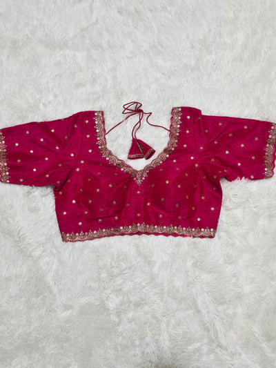 Rani Pink Embroidered Silk Readymade Blouse – V-Neck Design with Thread & Zari Work