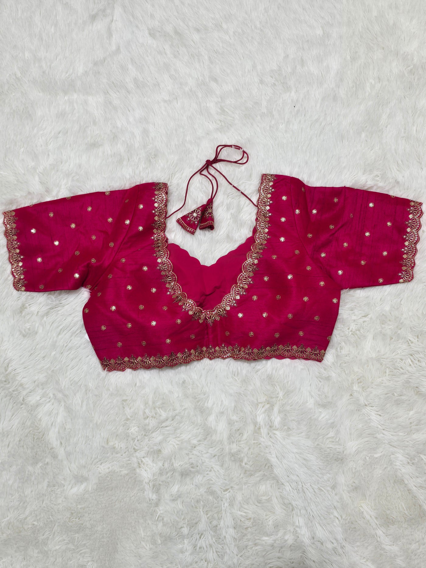 Rani Pink Embroidered Silk Readymade Blouse – V-Neck Design with Thread & Zari Work