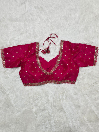 Rani Pink Embroidered Silk Readymade Blouse – V-Neck Design with Thread & Zari Work