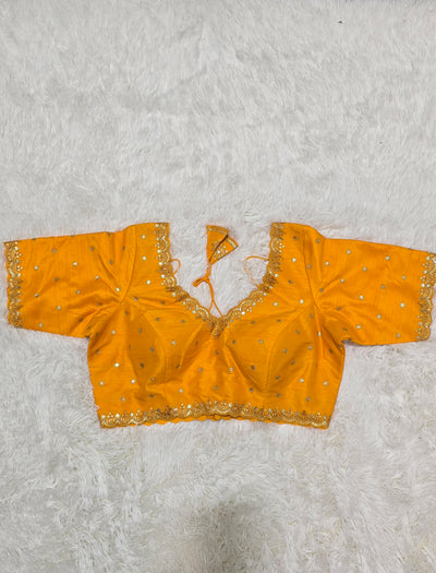 Mustard Yellow Embroidered Silk Readymade Blouse – V-Neck Design with Zari & Mirror Work