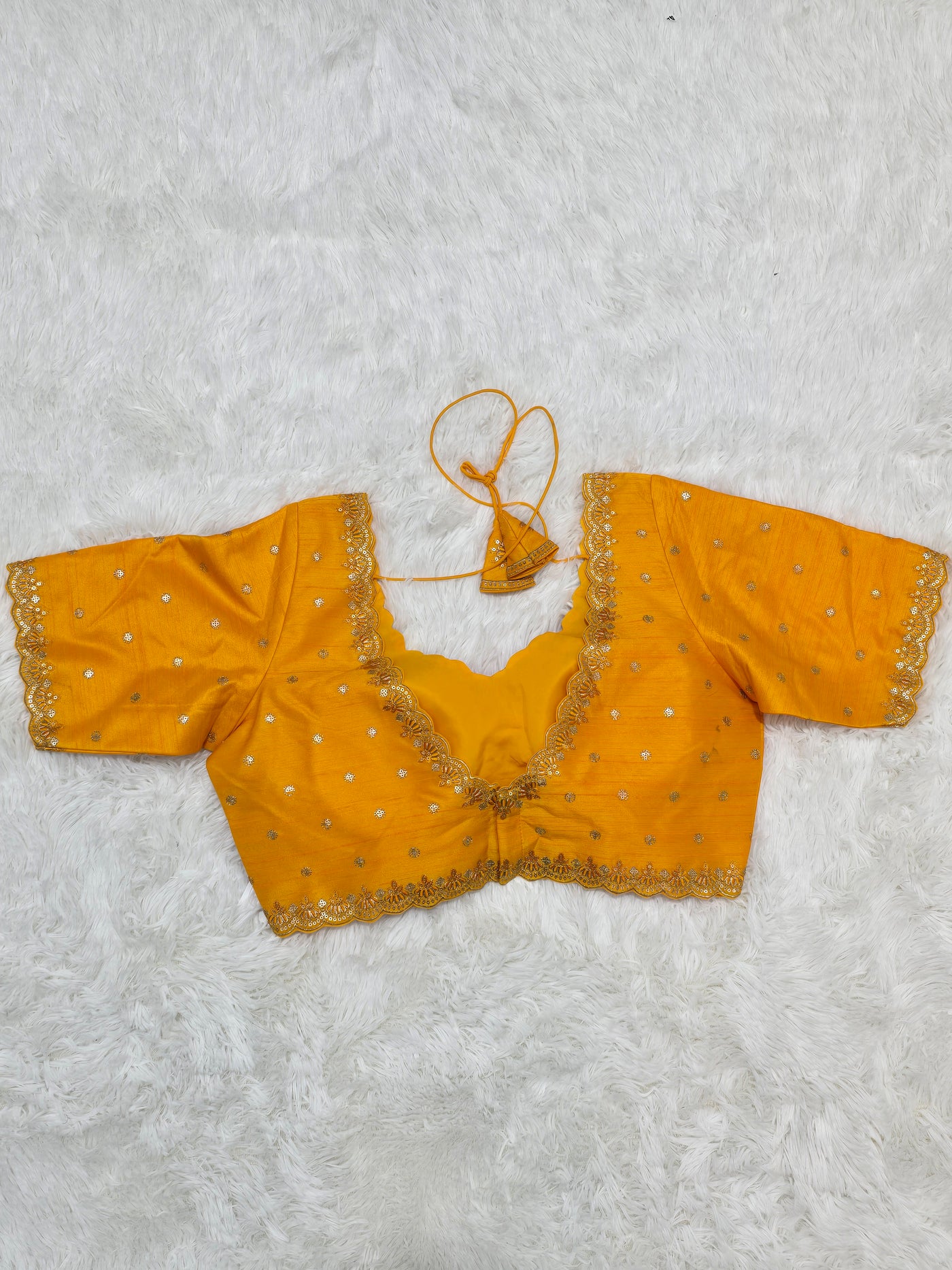 Mustard Yellow Embroidered Silk Readymade Blouse – V-Neck Design with Zari & Mirror Work