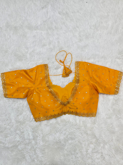 Mustard Yellow Embroidered Silk Readymade Blouse – V-Neck Design with Zari & Mirror Work