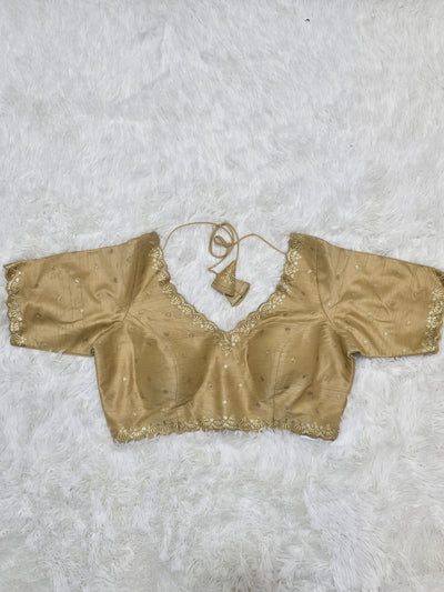 Beige Embroidered Silk Readymade Blouse – V-Neck Design with Zari & Mirror Work