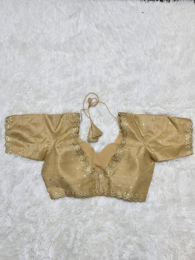 Beige Embroidered Silk Readymade Blouse – V-Neck Design with Zari & Mirror Work