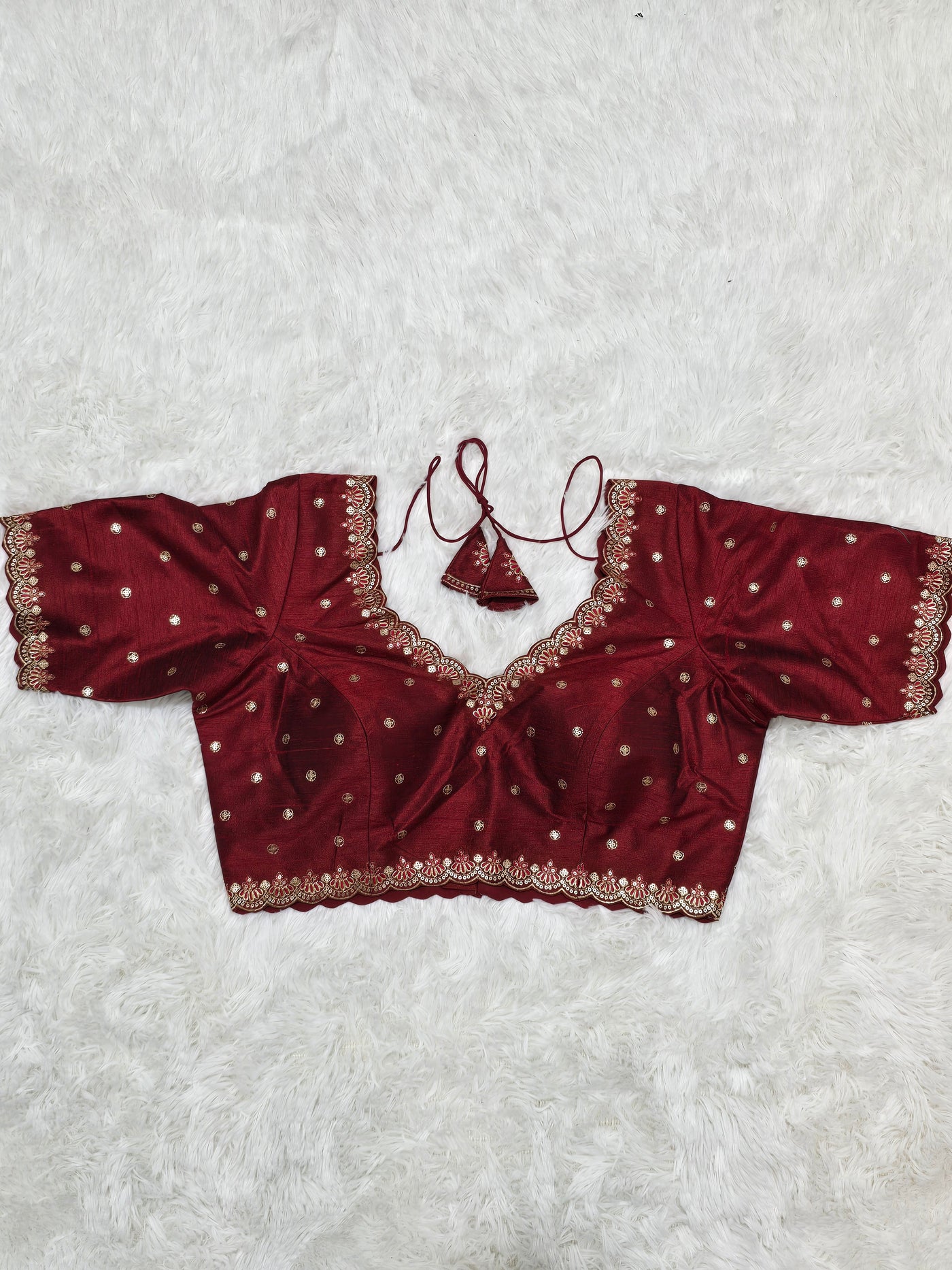 Maroon Embroidered Silk Readymade Blouse – V-Neck Design with Zari & Mirror Work
