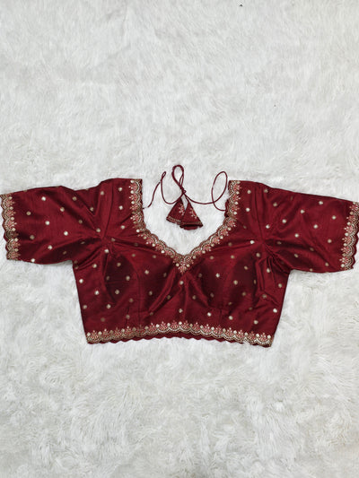 Maroon Embroidered Silk Readymade Blouse – V-Neck Design with Zari & Mirror Work