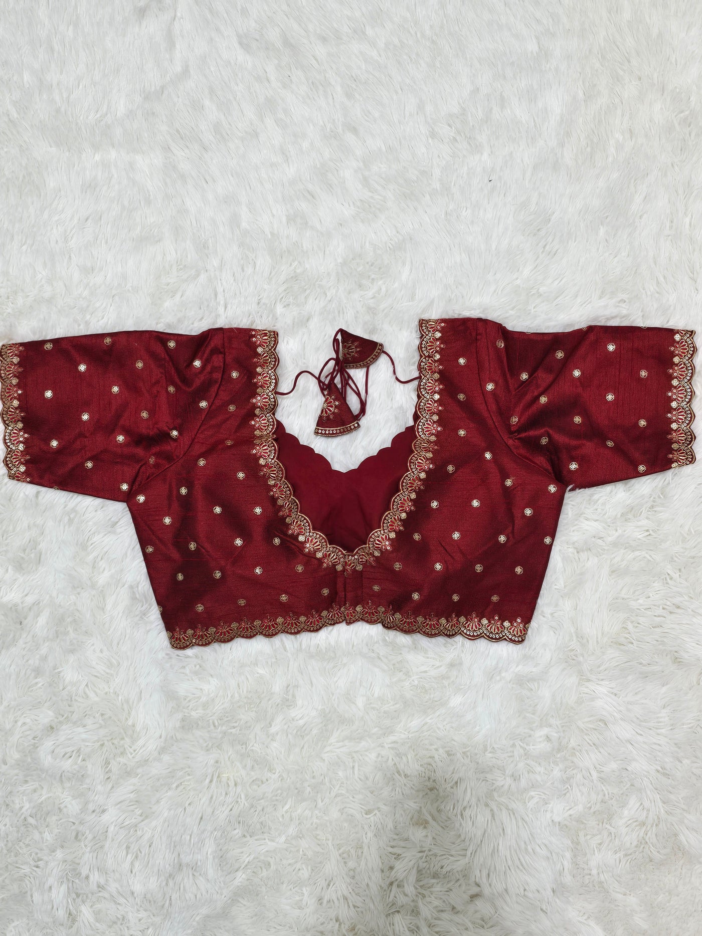 Maroon Embroidered Silk Readymade Blouse – V-Neck Design with Zari & Mirror Work