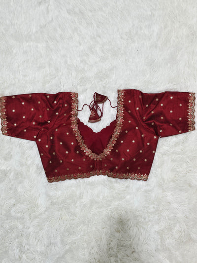 Maroon Embroidered Silk Readymade Blouse – V-Neck Design with Zari & Mirror Work
