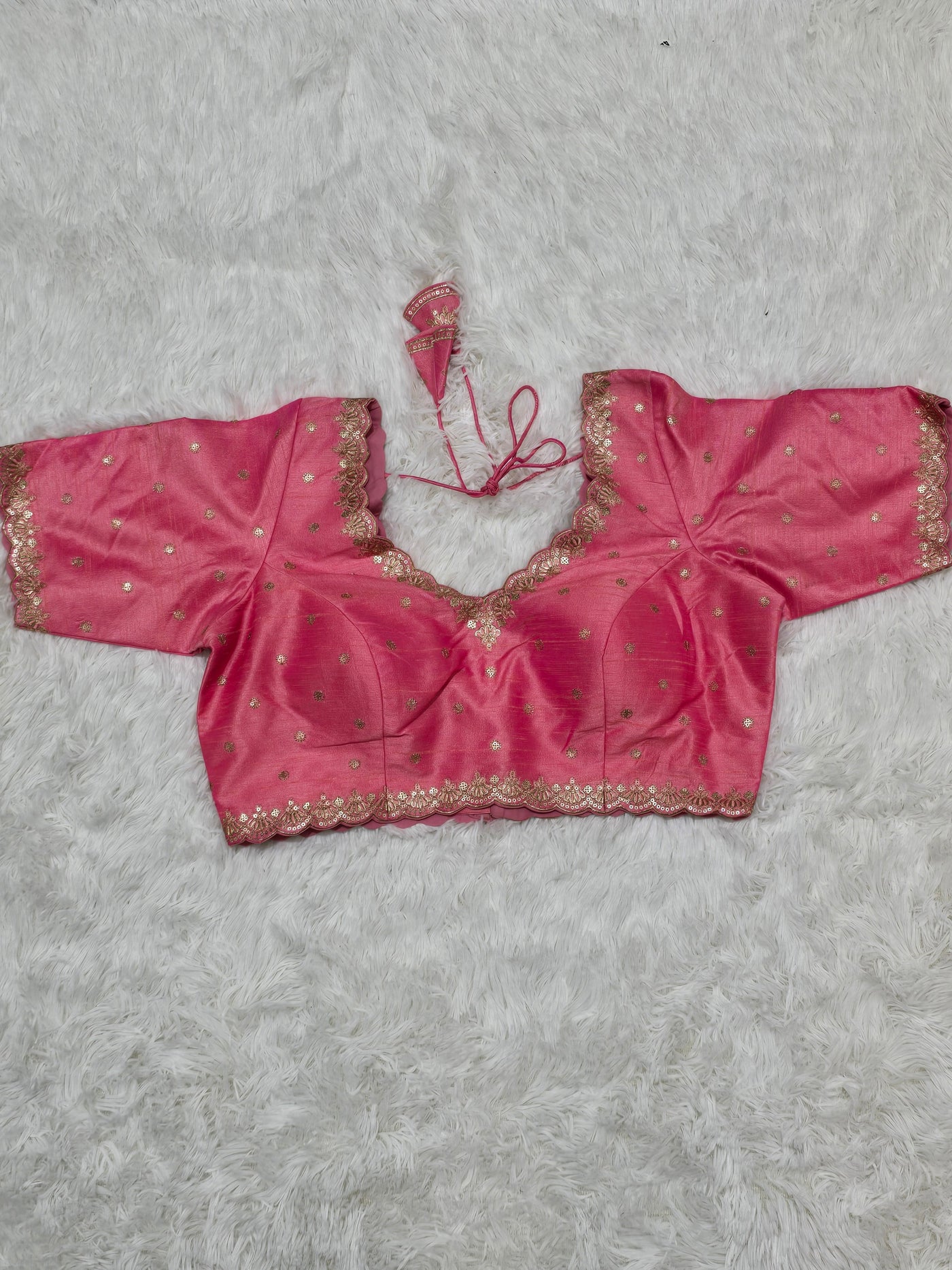 Pink Embroidered Silk Readymade Blouse – V-Neck Design with Zari & Mirror Work