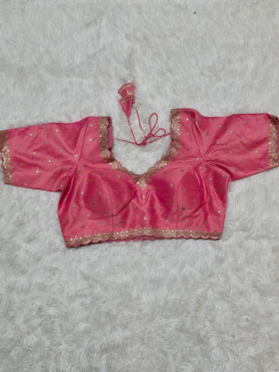 Pink Embroidered Silk Readymade Blouse – V-Neck Design with Zari & Mirror Work