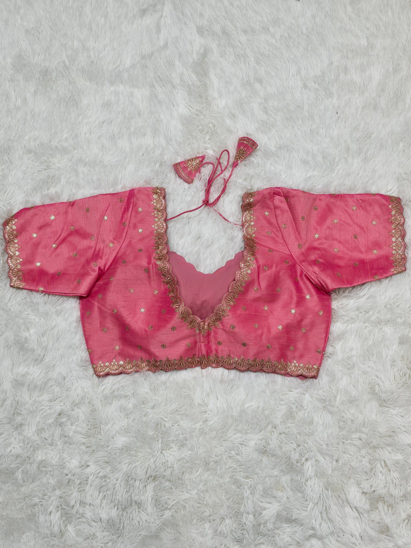 Pink Embroidered Silk Readymade Blouse – V-Neck Design with Zari & Mirror Work