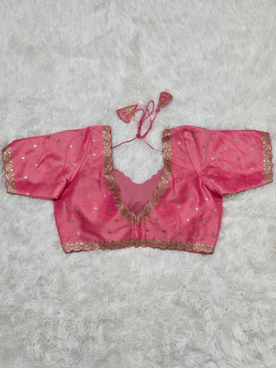 Pink Embroidered Silk Readymade Blouse – V-Neck Design with Zari & Mirror Work