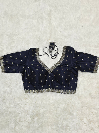 Navy Blue Embroidered Silk Readymade Blouse – V-Neck Design with Zari & Mirror Work