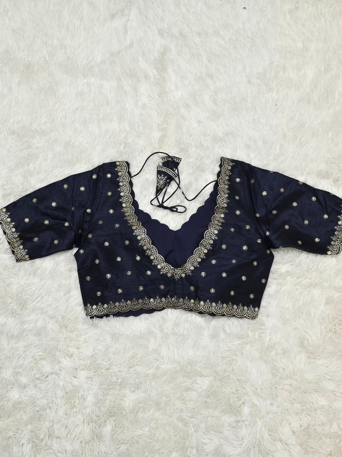 Navy Blue Embroidered Silk Readymade Blouse – V-Neck Design with Zari & Mirror Work