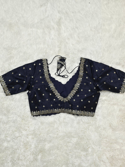 Navy Blue Embroidered Silk Readymade Blouse – V-Neck Design with Zari & Mirror Work