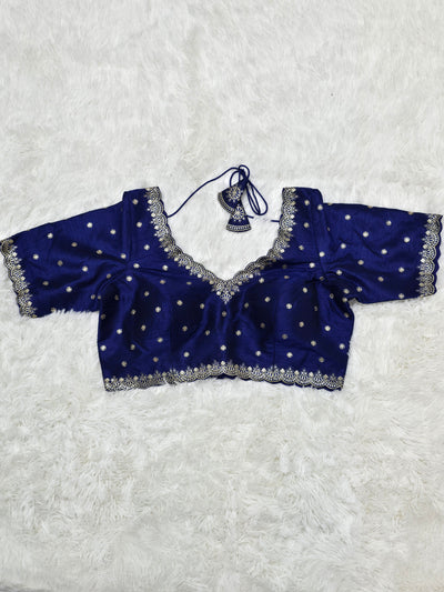 Royal Blue Embroidered Silk Readymade Blouse – V-Neck Design with Zari & Mirror Work