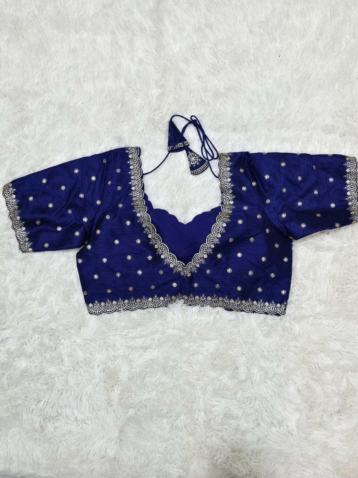Royal Blue Embroidered Silk Readymade Blouse – V-Neck Design with Zari & Mirror Work