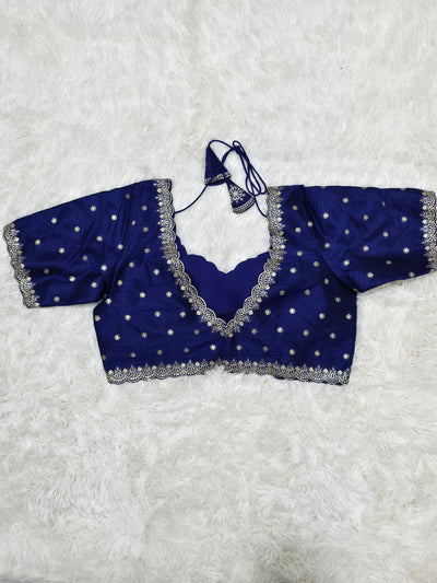 Royal Blue Embroidered Silk Readymade Blouse – V-Neck Design with Zari & Mirror Work