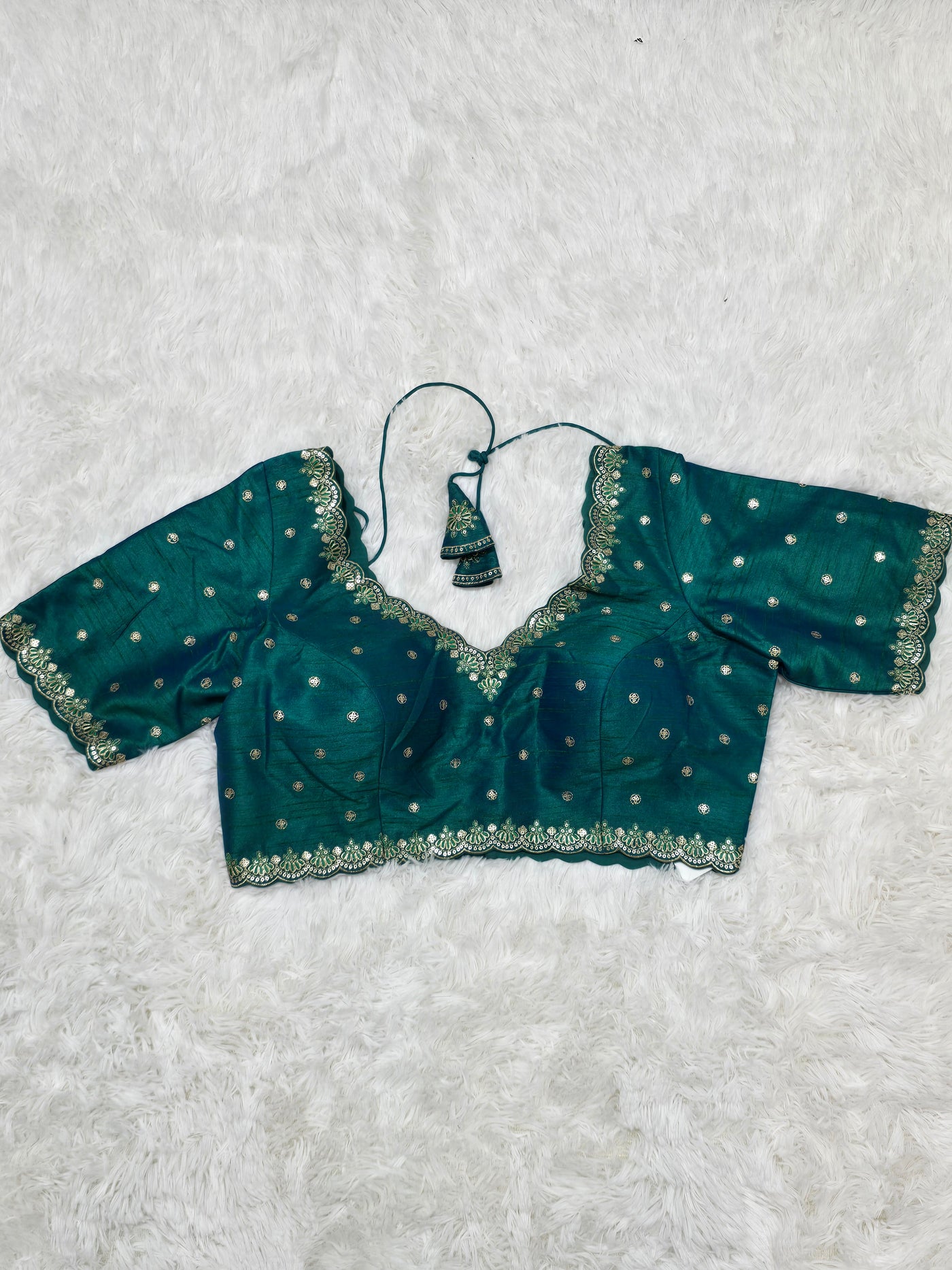 Teal Green Embroidered Silk Readymade Blouse – V-Neck Design with Zari & Mirror Work
