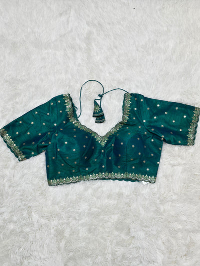 Teal Green Embroidered Silk Readymade Blouse – V-Neck Design with Zari & Mirror Work
