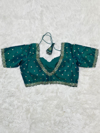 Teal Green Embroidered Silk Readymade Blouse – V-Neck Design with Zari & Mirror Work