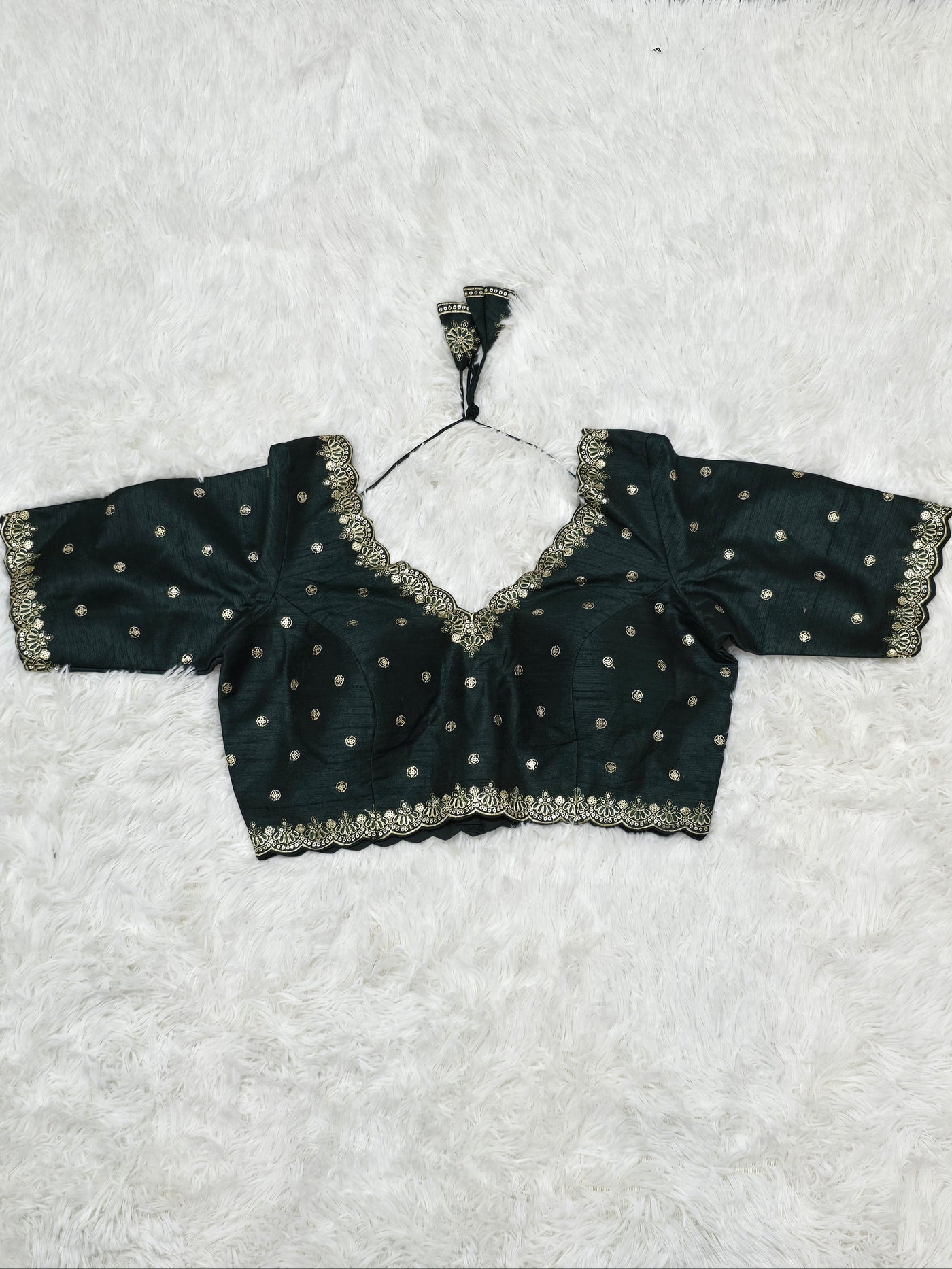 Bottle Green Embroidered Silk Readymade Blouse – V-Neck Design with Zari & Mirror Work
