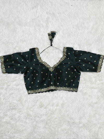 Bottle Green Embroidered Silk Readymade Blouse – V-Neck Design with Zari & Mirror Work