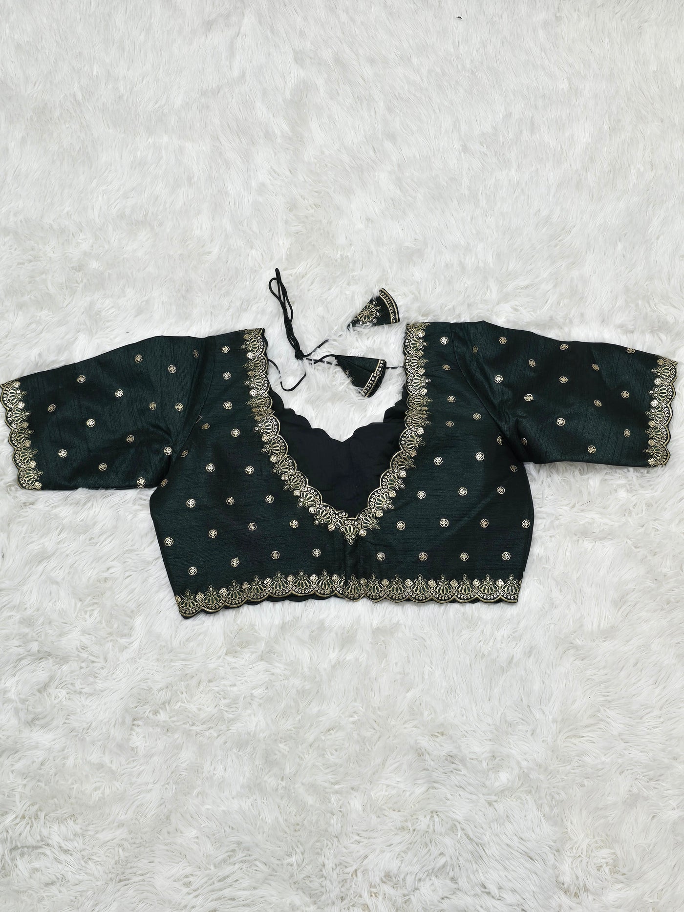 Bottle Green Embroidered Silk Readymade Blouse – V-Neck Design with Zari & Mirror Work